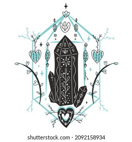 Vektorgrafik im Ethno-Stil mit magischen Elementen in einfarbigen Farben. Dreamcatcher in Form von Runic-Symbolen, die den Sternkristall mit Blumenschmuck kennzeichnen.
