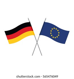 Vector illustration EU and German vector table flags template. Waving European Union and Germany flags on a metallic pole, isolated on a white background. Flag stand. Alliance and friendship