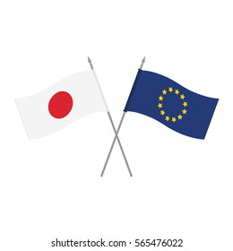 Vector illustration EU and Japan vector table flags template. Waving European Union and Japanese flags on a metallic pole, isolated on a white background. Flag stand. Alliance and friendship