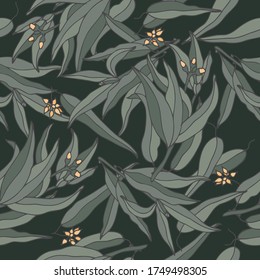 Vector illustration eucalyptus blue gum branch - vintage engraved style. Seamless pattern in retro botanical style