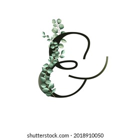 Vector illustration with eucalyptus leaves. Floral alphabet. Monogram initials are perfect for wedding invitations, greeting card, logo, poster. Festive design.