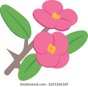 Vector illustration of euphorbia flowers with bright pink petals, yellow centers, green leaves, and a brown stem