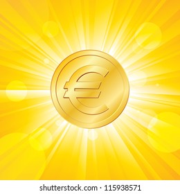 Vector illustration of an euro coin on yellow rays background.