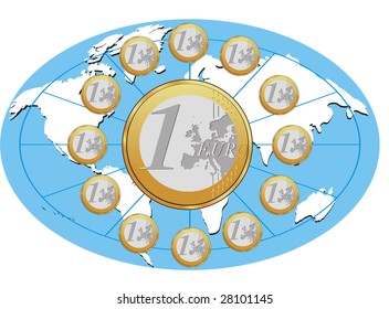 Vector illustration of Euro coins placed in circle on World map.