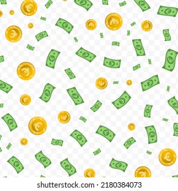 Vector illustration of Euro currency. Random pattern of banknotes and coins in green and gold colors on transparent background (PNG). 