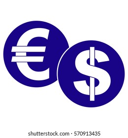 Ilustración vectorial del icono del euro y el dólar en azul
