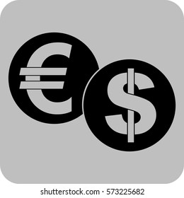 Ilustración vectorial del icono del euro y el dólar en negro
