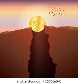 Vector illustration of an Euro gold coin stuck in an opening, nearly fall into a pit.