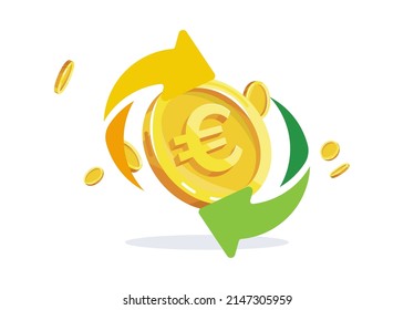 ilustración vectorial de una moneda de oro en euros con flechas, concepto de cashback