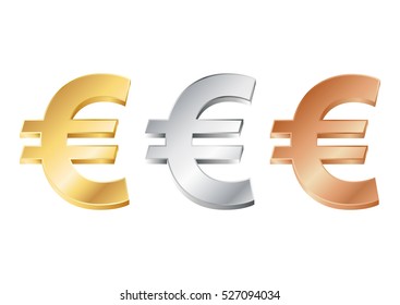 vector illustration of euro sign in gold, silver and bronze. EPS