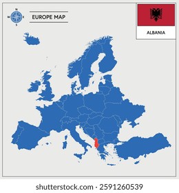 Vector Illustration of Europa Map with Albania highlighted and Albanian Flag isolated on white background 