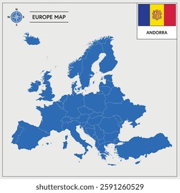 Vector Illustration of Europa Map with Andorra highlighted and Andorran Flag isolated on white background 