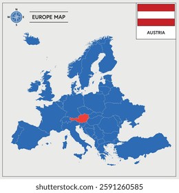 Vector Illustration of Europa Map with Austria highlighted and Austrian Flag isolated on white background 