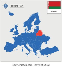 Vector Illustration of Europa Map with Belarus highlighted and Belarusian Flag isolated on white background 