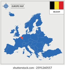 Vector Illustration of Europa Map with Belgium highlighted and Belgian Flag isolated on white background 