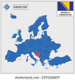 Vector Illustration of Europa Map with Bosnia and Herzegovina highlighted and Bosnian Flag isolated on white background 