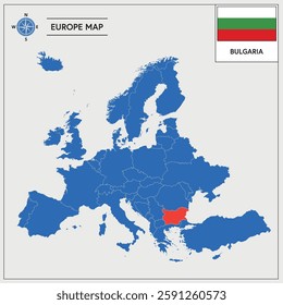 Vector Illustration of Europa Map with Bulgaria highlighted and Bulgarian Flag isolated on white background 