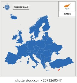 Vector Illustration of Europa Map with Cyprus highlighted and Cypriots Flag isolated on white background 