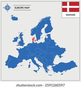 Vector Illustration of Europa Map with Denmark highlighted and Danish Flag isolated on white background 