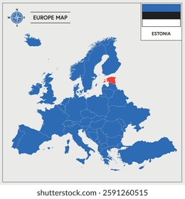 Vector Illustration of Europa Map with Estonia highlighted and Estonian Flag isolated on white background 