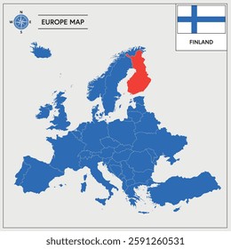 Vector Illustration of Europa Map with Finland highlighted and Finnish Flag isolated on white background 