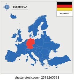 Vector Illustration of Europa Map with Germany highlighted and German Flag isolated on white background 