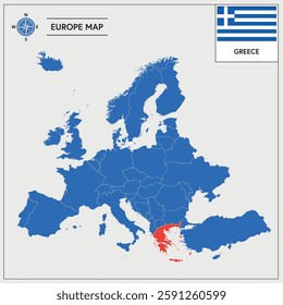 Vector Illustration of Europa Map with Greece highlighted and Greek Flag isolated on white background 