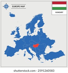 Vector Illustration of Europa Map with Hungary highlighted and Hungarian Flag isolated on white background 