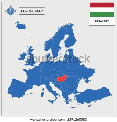 Vector Illustration of Europa Map with Hungary highlighted and Hungarian Flag isolated on white background 