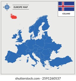 Vector Illustration of Europa Map with Iceland highlighted and Icelandic Flag isolated on white background 