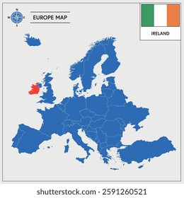 Vector Illustration of Europa Map with Ireland highlighted and Irish Flag isolated on white background 