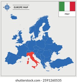 Vector Illustration of Europa Map with Italy highlighted and Italian Flag isolated on white background 