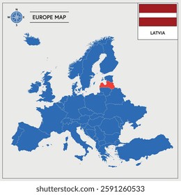 Vector Illustration of Europa Map with Latvia highlighted and Latvian Flag isolated on white background 