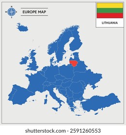 Vector Illustration of Europa Map with Lithuania highlighted and Lithuanian Flag isolated on white background 