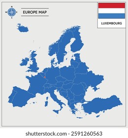 Vector Illustration of Europa Map with Luxembourg highlighted and Luxembourgish Flag isolated on white background 