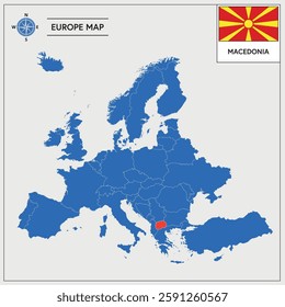 Vector Illustration of Europa Map with Macedonia highlighted and Macedonian Flag isolated on white background 