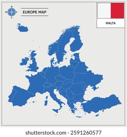 Vector Illustration of Europa Map with Malta highlighted and Maltese Flag isolated on white background 