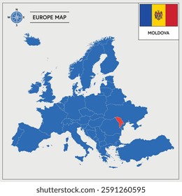 Vector Illustration of Europa Map with Moldova highlighted and Moldovan Flag isolated on white background 