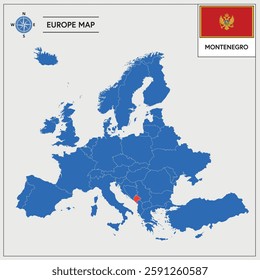 Vector Illustration of Europa Map with Montenegro highlighted and Montenegrin Flag isolated on white background 