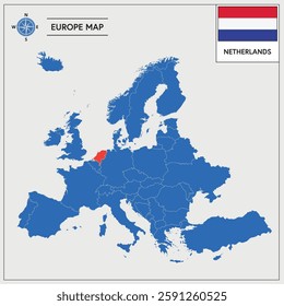 Vector Illustration of Europa Map with Netherlands highlighted and Dutch Flag isolated on white background 