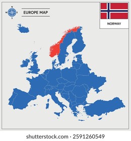 Vector Illustration of Europa Map with Norway highlighted and Norwegian Flag isolated on white background 