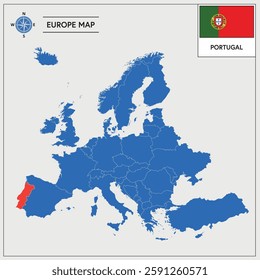 Vector Illustration of Europa Map with Portugal highlighted and Portuguese Flag isolated on white background 