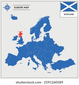 Vector Illustration of Europa Map with Scotland highlighted and Scottish Flag isolated on white background 