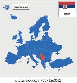 Vector Illustration of Europa Map with Serbia highlighted and Serbian Flag isolated on white background 