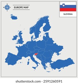 Vector Illustration of Europa Map with Slovenia highlighted and Slovenian Flag isolated on white background 