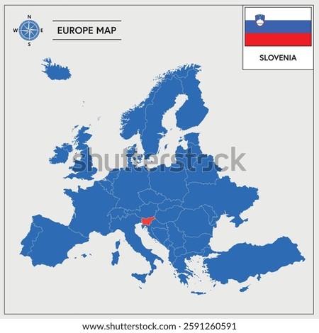 Vector Illustration of Europa Map with Slovenia highlighted and Slovenian Flag isolated on white background 