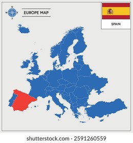 Vector Illustration of Europa Map with Spain highlighted and Spanish Flag isolated on white background 