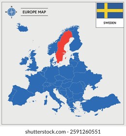 Vector Illustration of Europa Map with Sweden highlighted and Swedish Flag isolated on white background 