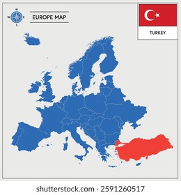 Vector Illustration of Europa Map with Turkey highlighted and Turkish Flag isolated on white background 