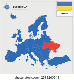 Vector Illustration of Europa Map with Ukraine highlighted and Ukranian Flag isolated on white background 